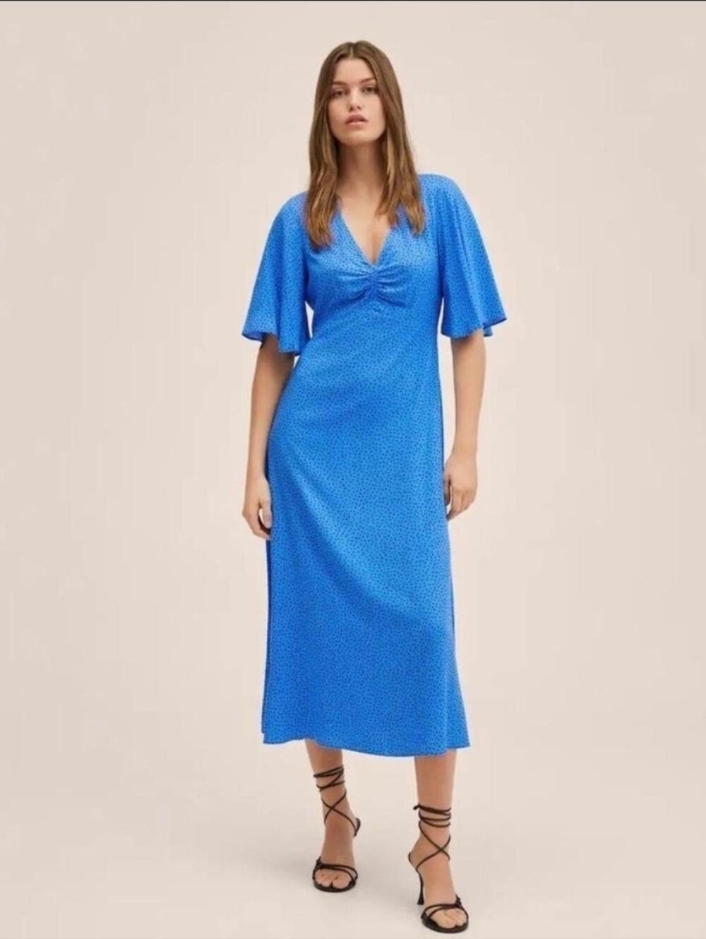 Mango Electric Blue Midi Dress with Flutter Sleeves